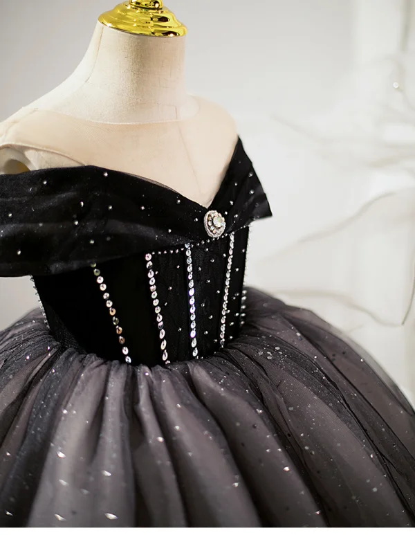 Fashion Black Rhinestone Sequins Cascading Ruffles Flower Girl Dresses 2023 Ball Gown Scoop Neck Birthday Short Sleeve Floor-Length / Long