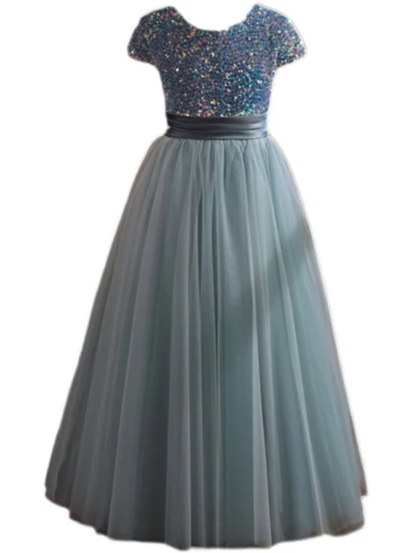 Chic / Beautiful Grey Sequins Birthday Flower Girl Dresses 2024 A-Line / Princess Scoop Neck Short Sleeve Bow Sash Floor-Length / Long