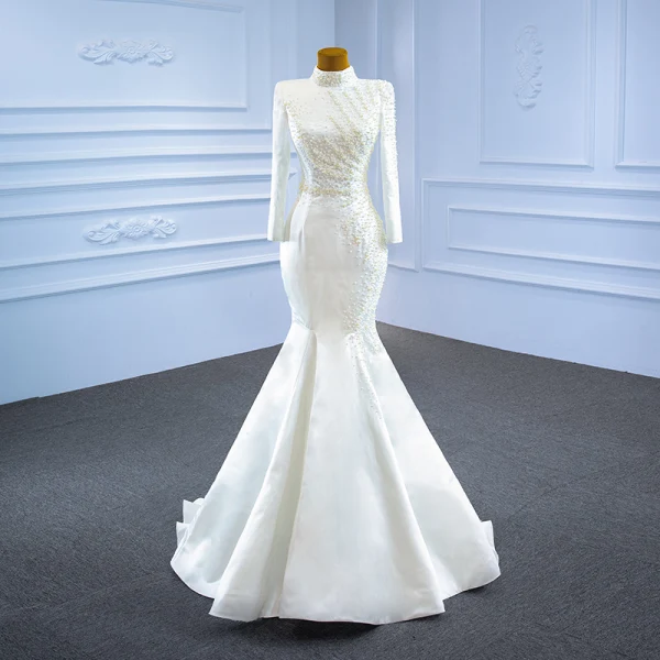 Luxury / Gorgeous Modest Muslim Ivory Satin Wedding Dresses 2021 Trumpet / Mermaid High Neck Long Sleeve Beading Pearl Crossed Straps Detachable Cathedral Train Church