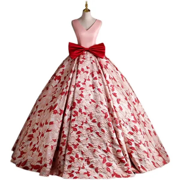 Lovely Blushing Pink Printing Prom Dresses 2023 Ball Gown V-Neck Sleeveless Backless Bow Floor-Length / Long Prom Formal Dresses