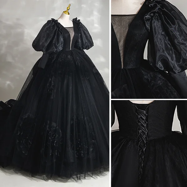 Audrey Hepburn Style Black Evening Party Evening Dresses 2023 Ball Gown Square Neckline Puffy 1/2 Sleeves Backless Court Train Formal Dresses