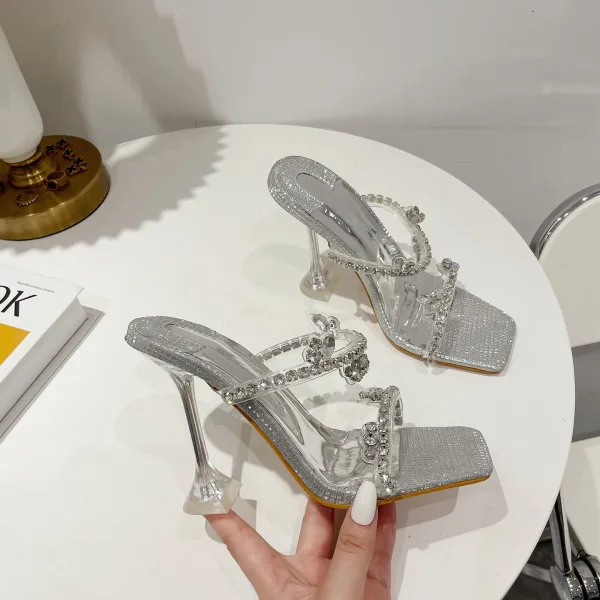 Sparkly Charming Silver Summer Rhinestone Womens Sandals 2022 Evening Party 11 cm Stiletto Heels Open / Peep Toe Sandals High Heels