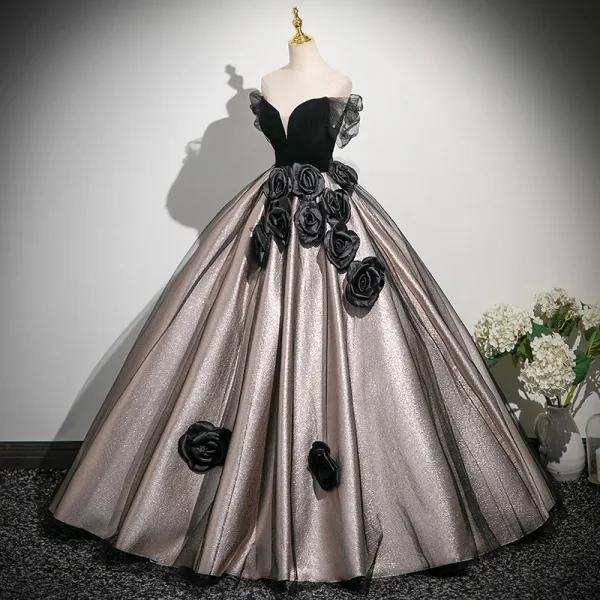 Elegant Black Prom Dresses Ball Gown Appliques 2025 Strapless Sleeveless Backless Floor-Length / Long Prom Formal Dresses