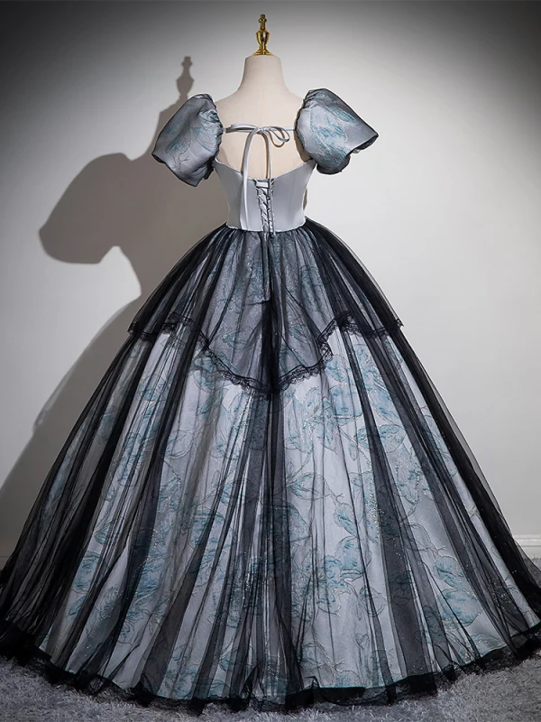 Vintage / Retro Grey Printing Prom Dresses 2024 Ball Gown Square Neckline Puffy Short Sleeve Backless Floor-Length / Long Prom Formal Dresses
