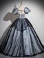 Vintage / Retro Grey Printing Prom Dresses 2024 Ball Gown Square Neckline Puffy Short Sleeve Backless Floor-Length / Long Prom Formal Dresses