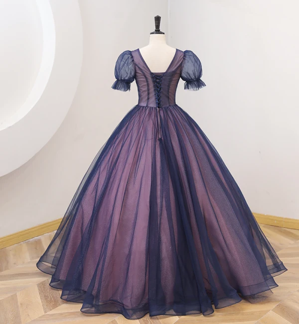 Vintage / Originale Bleu Marine Paillettes Robe De Bal 2022 Robe Boule Encolure Dégagée Manches Courtes Dos Nu Longue Promo Robe De Ceremonie