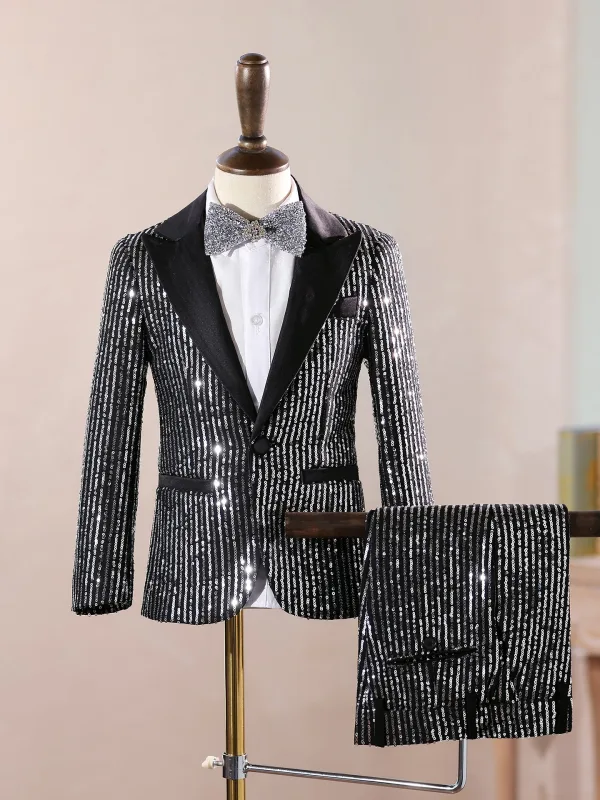 Bling Bling Noire Paillettes 4 pièces Costume Garçon Mariage 2025 Manches Longues Manteau Pantalon Chemise Cravate