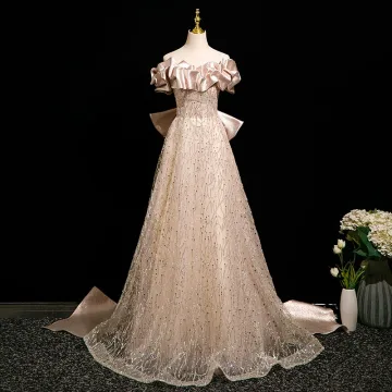 Charmant Champagne Perlage Paillettes Robe De Bal 2025 Princesse De L Épaule Manches Courtes Dos Nu Noeud Train De Balayage Tulle Robe De Ceremonie