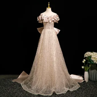 Charming Champagne Beading Sequins Prom Dresses 2025 A Line Princess Off The Shoulder Short Sleeve Backless Bow Sweep Train Tulle Formal Dresses