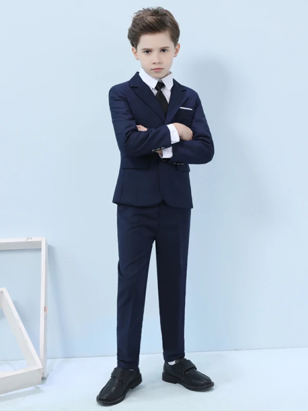 Navy Blue Long Sleeve Boys Wedding Suits 2022 Wedding Coat Pants Shirt Tie Vest