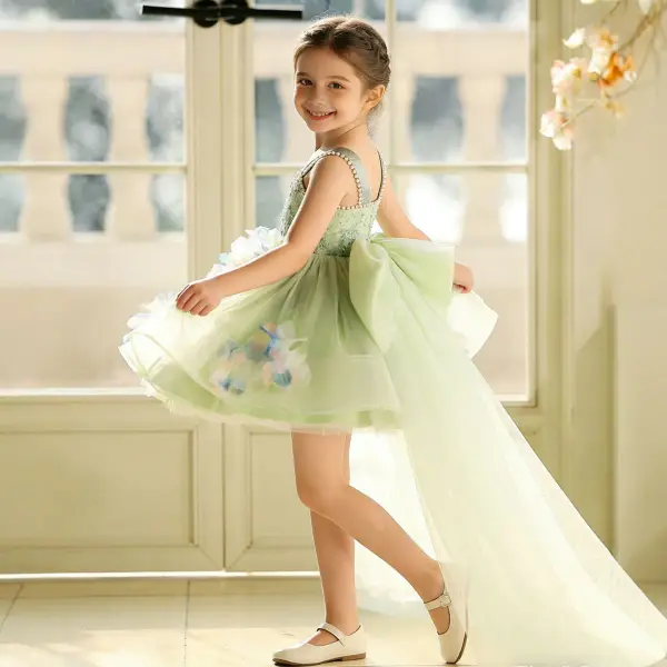 Dreamy Sage Green Beading Pearl Appliques Birthday Short Flower Girl Dresses 2026 Ball Gown Square Neckline Sleeveless Backless Tulle
