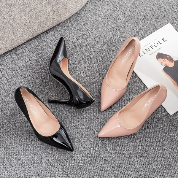 Sexy Schwarz Abend Lackleder Pumps 2023 9 cm Stilettos Spitzschuh Pumps Hochhackige