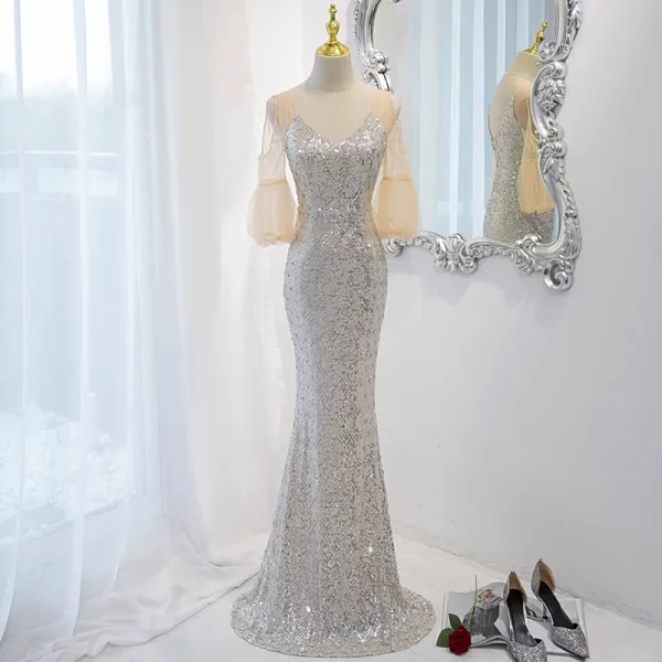 Scintillantes Doré Paillettes Robe De Soirée 2023 Trompette / Sirène V-Cou 1/2 Manches Dos Nu Train De Balayage Soirée Robe De Ceremonie