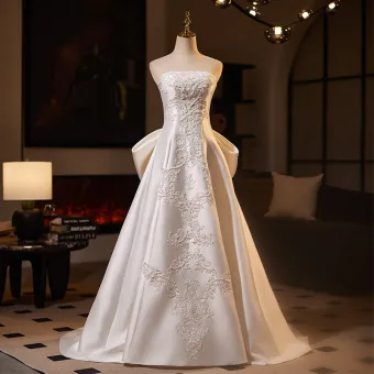 Vintage Blanco Rebordear Con Encaje Flor Satén Vestidos De Novia 2025 A Line Princess Sin Tirantes Sin Mangas Sin Espalda Bowknot Colas De Barrido Boda