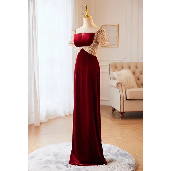 Charmant Bordeaux Perlage Paillettes Robe De Soirée 2023 Trompette / Sirène Encolure Carrée Manches Courtes Dos Nu Longue Soirée Robe De Ceremonie