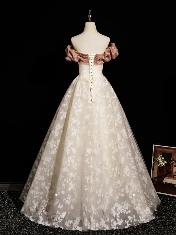 Chic / Beautiful Champagne Printing Prom Dresses 2025 A-Line / Princess Off-The-Shoulder Short Sleeve Backless Floor-Length / Long Formal Dresses