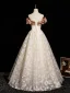 Chic / Beautiful Champagne Printing Prom Dresses 2025 A-Line / Princess Off-The-Shoulder Short Sleeve Backless Floor-Length / Long Formal Dresses