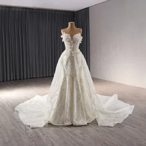 Luxury Gorgeous White Handmade Beading Sequins Pearl Flower Chapel Train Wedding Dresses 2024 Trumpet Mermaid Strapless Sleeveless Backless Wedding
