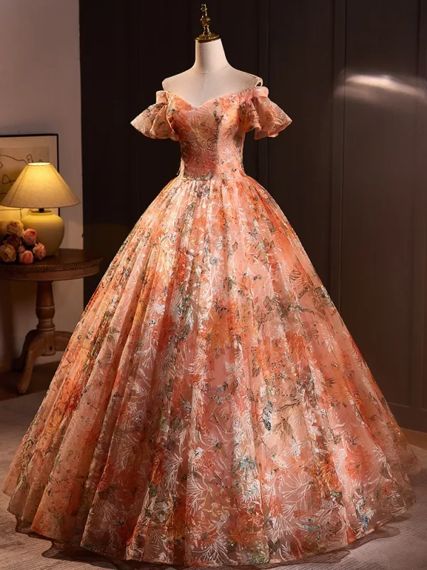 Chic / Beautiful Orange Sequins Prom Dresses 2024 Ball Gown Off-The-Shoulder Short Sleeve Backless Floor-Length / Long Prom Formal Dresses