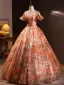 Chic / Beautiful Orange Sequins Prom Dresses 2024 Ball Gown Off-The-Shoulder Short Sleeve Backless Floor-Length / Long Prom Formal Dresses