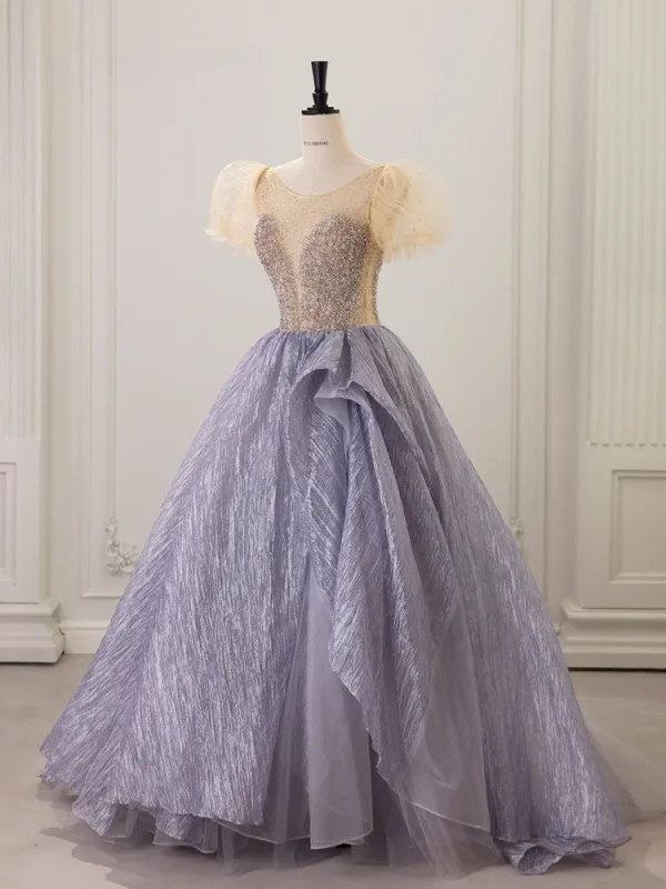 Bling Bling Lavender Sequins Prom Dresses 2025 Ball Gown V-Neck Puffy Short Sleeve Backless Floor-Length / Long Formal Dresses