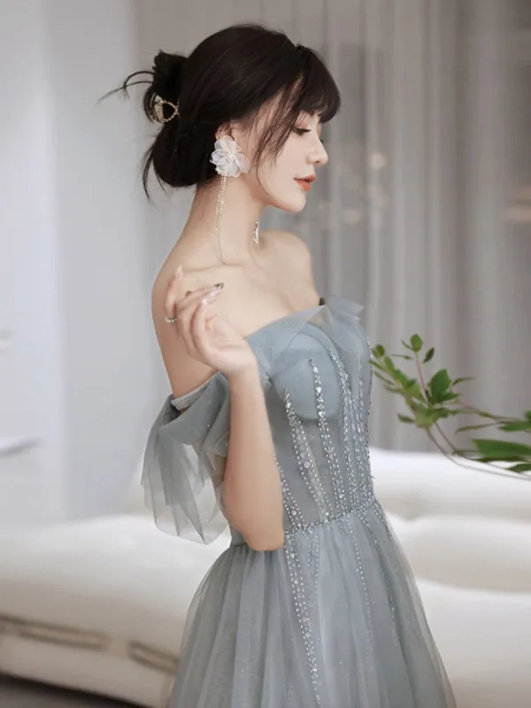 Schlicht Grau Ballkleider 2022 A Linie Off Shoulder Ärmellos Rückenfreies Perlenstickerei Strass Pailletten Lange Ball Festliche Kleider