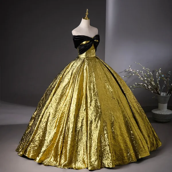 Vintage / Retro Black Gold Ball Gown Prom Dresses 2024 Strapless Sleeveless Backless Floor-Length / Long Prom Formal Dresses