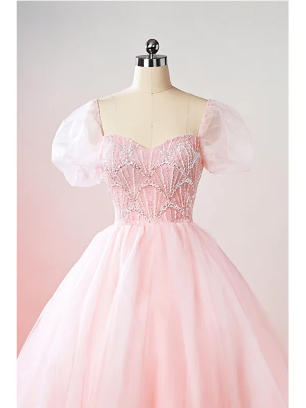Schöne Rosa Perlenstickerei Perle Pailletten Ballkleider 2025 Ballkleid Eckiger Ausschnitt Kurze Ärmel Rückenfreies Lange Ball Festliche Kleider