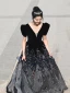 Chic / Beautiful Black Sequins Prom Dresses 2024 Ball Gown V-Neck Puffy Short Sleeve Backless Floor-Length / Long Prom Formal Dresses
