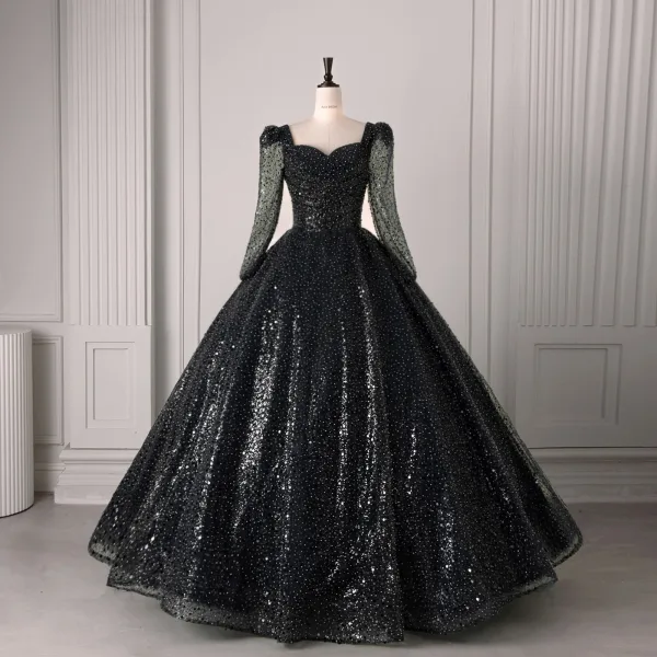 Vintage / Retro Dark Green Beading Pearl Sequins Prom Dresses 2025 Ball Gown Square Neckline Long Sleeve Backless Floor-Length / Long Formal Dresses