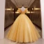 Elegant Yellow Prom Dresses 2022 Ball Gown Scoop Neck Puffy Short Sleeve Beading Pearl Sequins Backless Floor-Length / Long Prom Formal Dresses