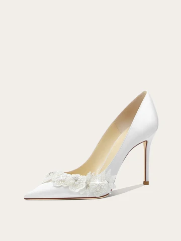 Chic Beautiful White Beading Rhinestone Flower Wedding Shoes 2024 Leather 10 Cm Stiletto Heels Pointed Toe Wedding Pumps High Heels