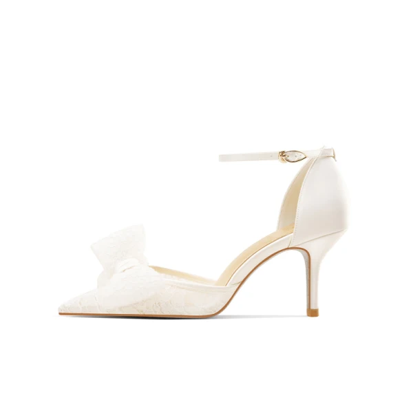 Elegant White Lace Bow Wedding Shoes 2023 7 cm Stiletto Heels Pointed Toe Leather Wedding High Heels