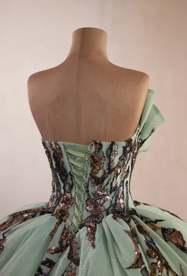 Luxus / Herrlich Salbeigrün Handgefertigt Perlenstickerei Spitze Blumen Ballkleider 2026 Ballkleid Bandeau Ärmellos Rückenfreies Kapelle-Schleppe Festliche Kleider