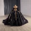 Haut de Gamme Noire Fait main Perlage Paillettes Quinceañera Robe De Bal 2025 Robe Boule De l'épaule 1/2 Manches Dos Nu Tribunal Train Robe De Ceremonie