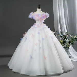 Blomsterfe Multi Farger Appliques Hvit Ballkjoler 2026 Ballkjole Scoop Halsen Korte Ermer Ryggløse Lange Formelle Kjoler