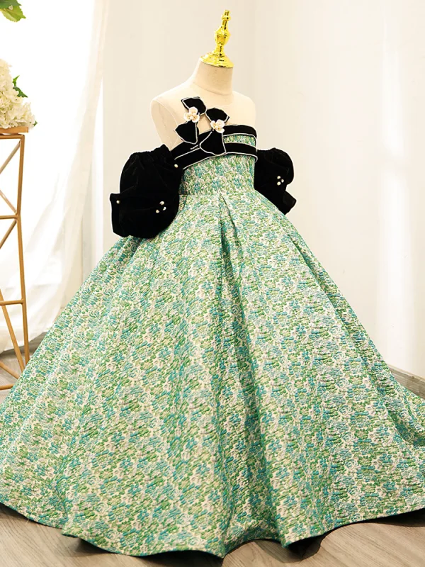 Elegant Sage Green Floral Birthday Flower Girl Dresses 2024 Ball Gown Strapless Bow Rhinestone Short Sleeve Backless Floor-Length / Long