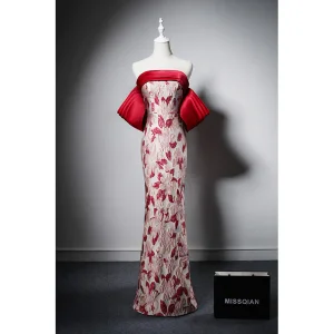 Vintage Originale Bordeaux Impression Robe De Soirée 2022 Trompette Sirène De L Épaule Manches Courtes Dos Nu Longue Soirée Robe De Ceremonie