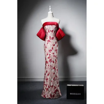 Vintage Retro Burgundy Printing Evening Dresses 2022 Trumpet Mermaid Off The Shoulder Short Sleeve Backless Floor Length Long Evening Party Formal Dresses