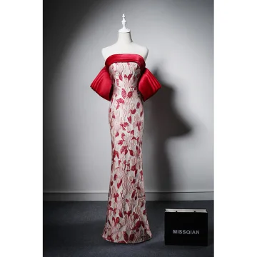 Vintage Originale Bordeaux Impression Robe De Soirée 2022 Trompette Sirène De L Épaule Manches Courtes Dos Nu Longue Soirée Robe De Ceremonie