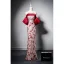 Vintage / Retro Burgundy Printing Evening Dresses 2022 Trumpet / Mermaid Off-The-Shoulder Short Sleeve Backless Floor-Length / Long Evening Party Formal Dresses