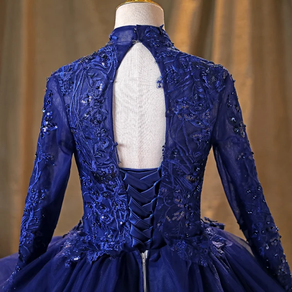 Vintage / Retro Navy Blue Pearl Sequins Lace Flower Prom Dresses 2022 Ball Gown High Neck Cascading Ruffles Long Sleeve Backless Beading Floor-Length / Long