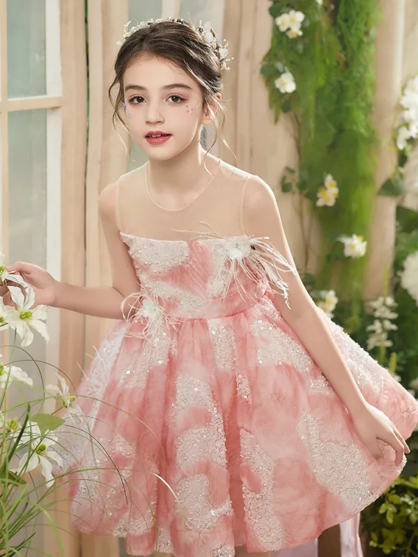 Chic / Beautiful Blushing Pink Beading Pearl Sequins Appliques Birthday Short Flower Girl Dresses 2025 Ball Gown Scoop Neck Tassel Sleeveless