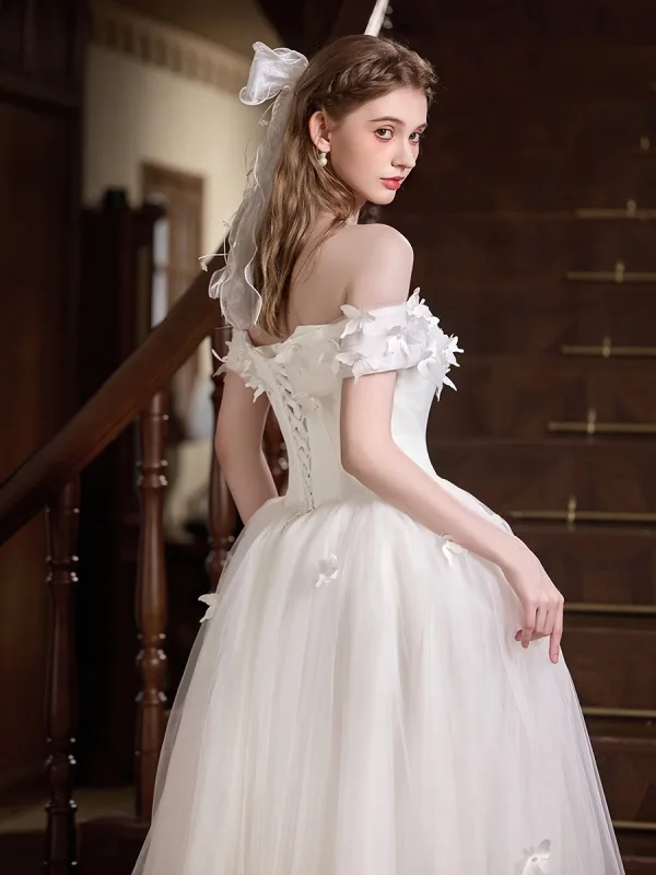Leichtes Weiß Perle Schmetterling Brautkleider / Hochzeitskleider 2025 A Linie Off Shoulder Kurze Ärmel Rückenfreies Lange