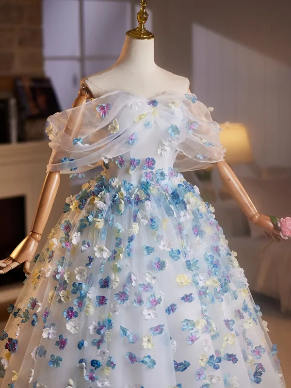 Flower Fairy Sky Blue Appliques Prom Dresses 2025 Ball Gown Off-The-Shoulder Short Sleeve Backless Floor-Length / Long Prom Formal Dresses