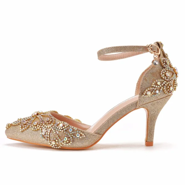 Scintillantes Doré Faux Diamant Paillettes Chaussure De Mariée 2023 Bride Cheville 7 cm Talons Aiguilles À Bout Pointu Mariage Talons Hauts