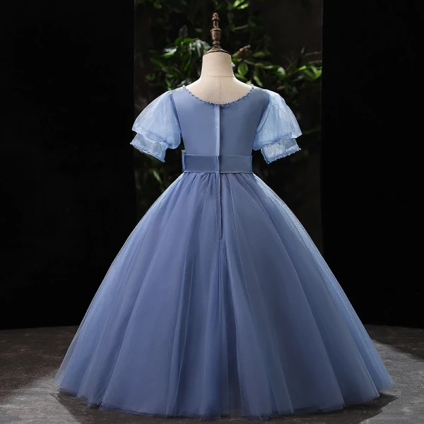 Élégant Bleu Ciel Noeud Ceinture Anniversaire Robe Ceremonie Fille 2022 Robe Boule Encolure Dégagée Gonflée Manches Courtes Longue Robe Ceremonie Fille