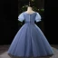Élégant Bleu Ciel Noeud Ceinture Anniversaire Robe Ceremonie Fille 2022 Robe Boule Encolure Dégagée Gonflée Manches Courtes Longue Robe Ceremonie Fille