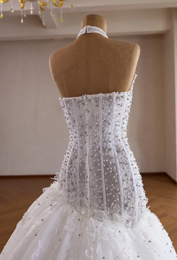 Luxury / Gorgeous White Handmade  Beading Pearl Rhinestone Lace Flower Wedding Dresses 2026 Trumpet / Mermaid Halter Sleeveless Backless Court Train