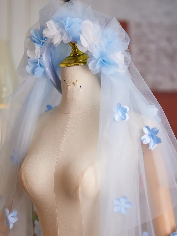 Chic / Beautiful Sky Blue Handmade  Appliques Tulle Wedding Veils 2025